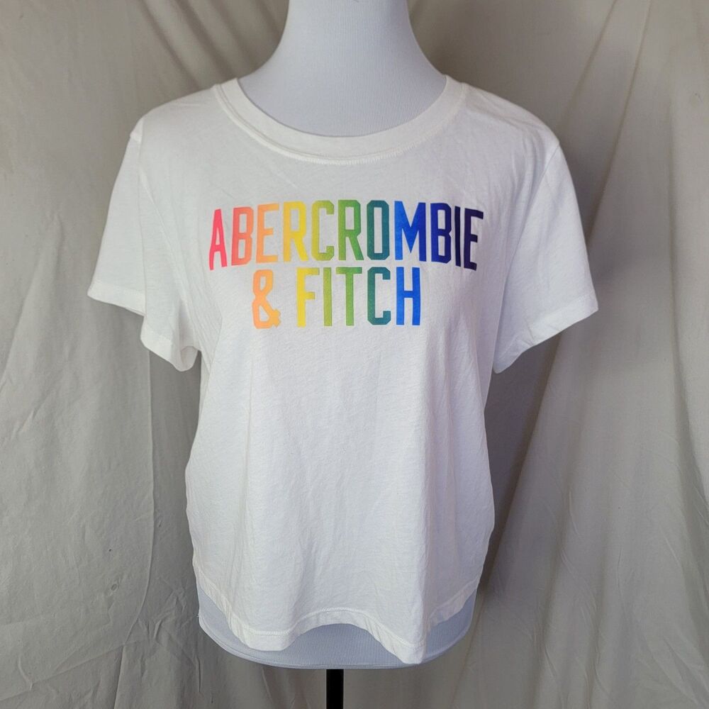 Abercrombie Fitch Rainbow Logo Tee Womens Large White Graphic Pride T Shirt